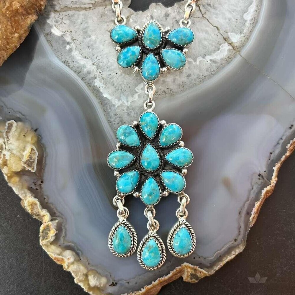 Sterling Southwestern Style 25 Teardrop Turquoise Cluster 17" Necklace For Women - Picture 4 of 10